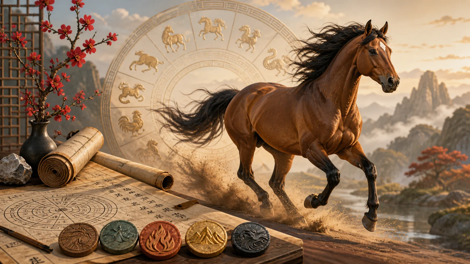 Chinese astrology Horse zodiac guide with Bazi chart and five element symbols