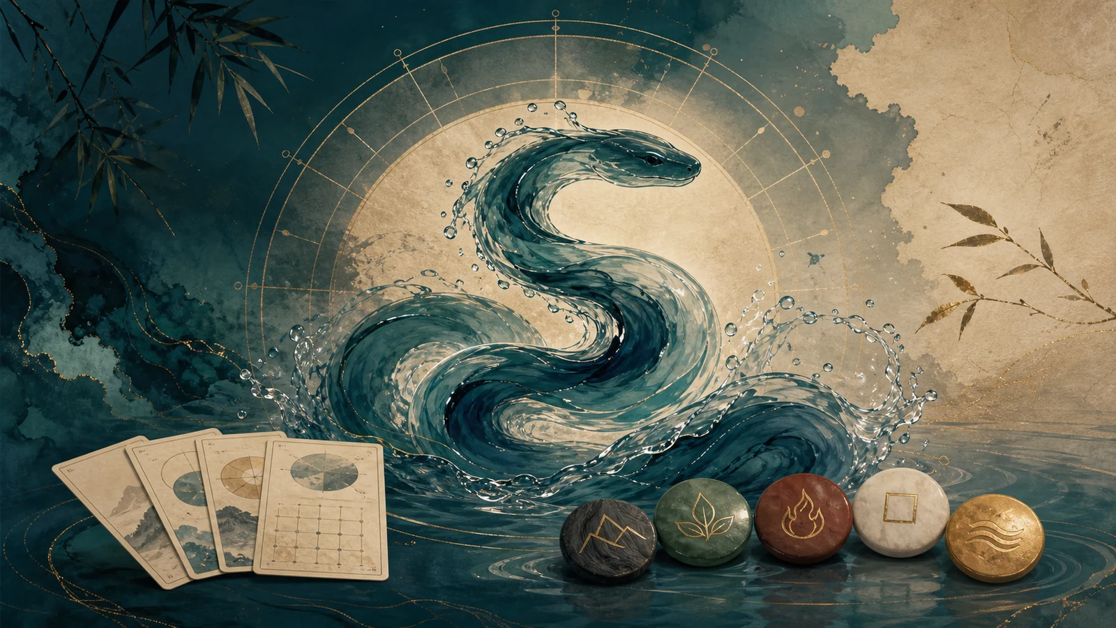 A Water Snake symbol beside Bazi cards and Five Elements tokens