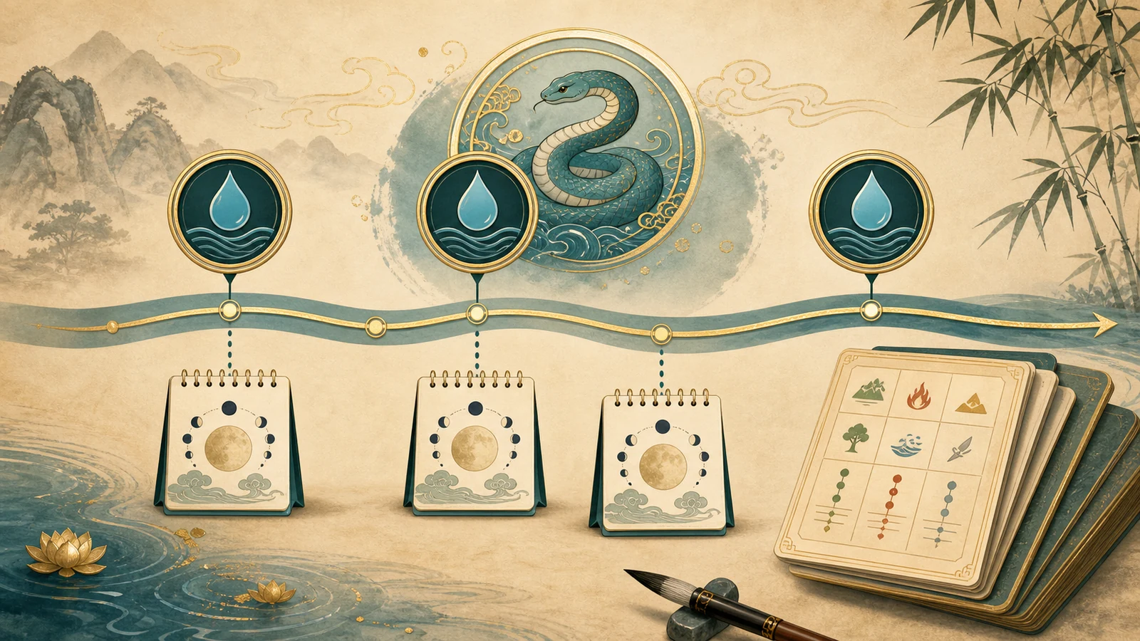 Water Snake years shown as a calm lunar-cycle timeline