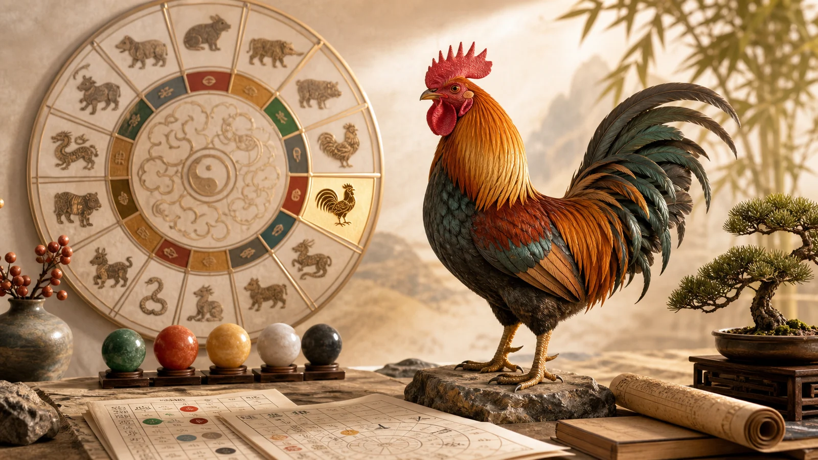 Chinese chicken zodiac rooster guide with Bazi chart and five element symbols