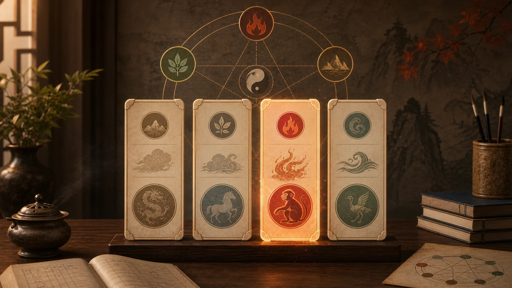 Four Bazi pillar cards showing Fire Monkey as one year-pillar layer
