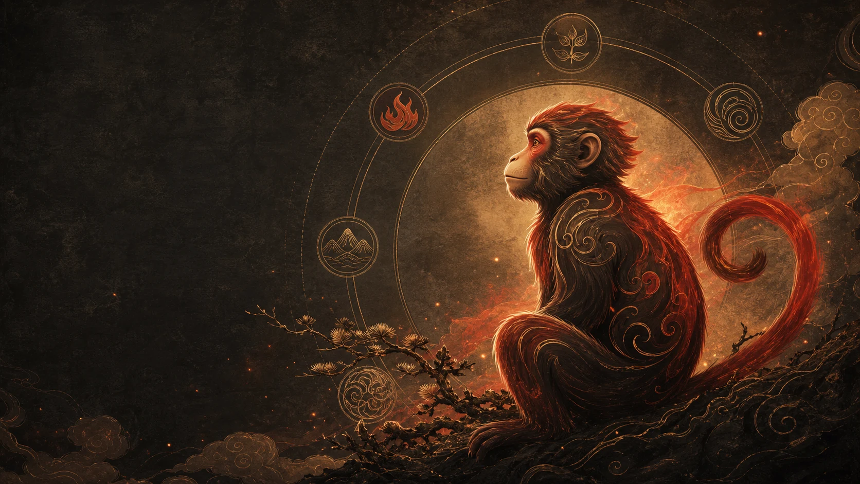 A Fire Monkey beside lunar calendar arcs and Five Elements symbols
