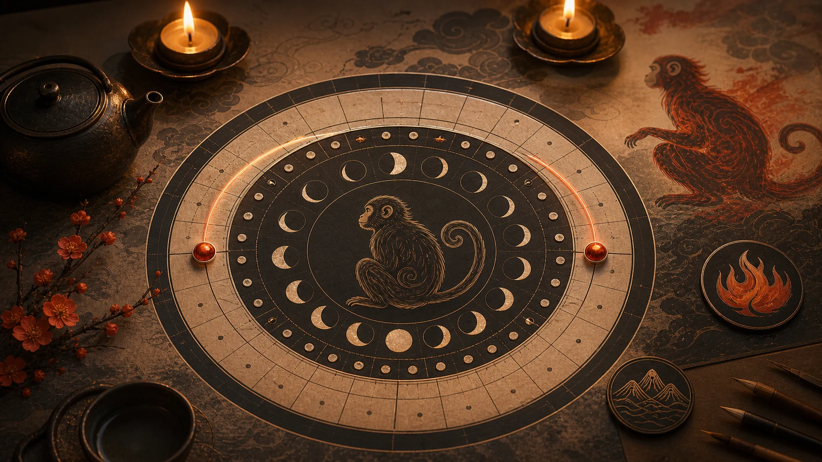 Fire Monkey lunar calendar visual with moon phases and fire motifs