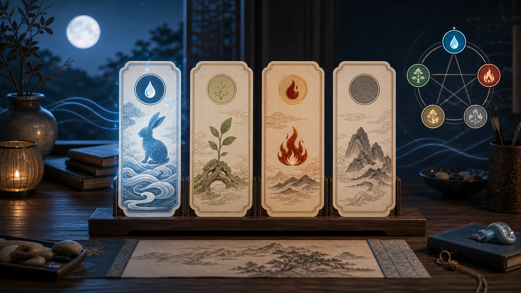 Four Bazi pillar cards showing Water Rabbit as one year-pillar layer
