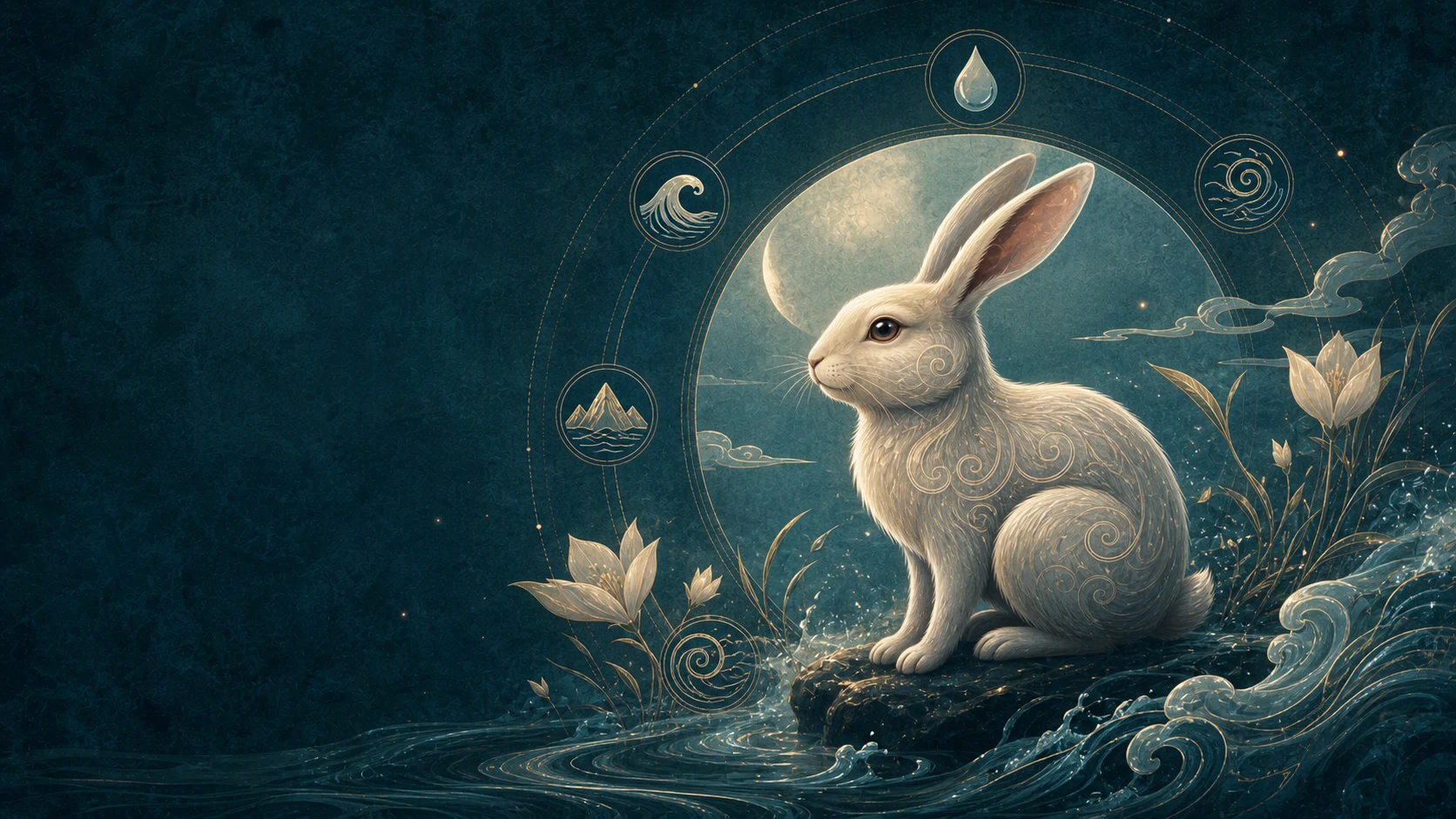 A Water Rabbit beside moonlit water and Five Elements symbols