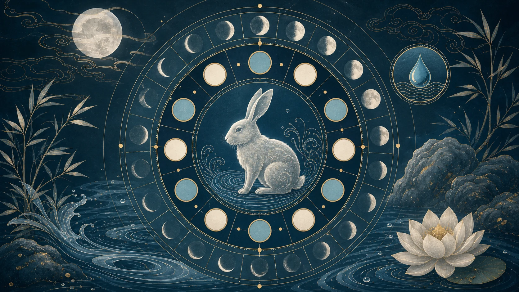 Water Rabbit lunar calendar visual with moon phases and water motifs