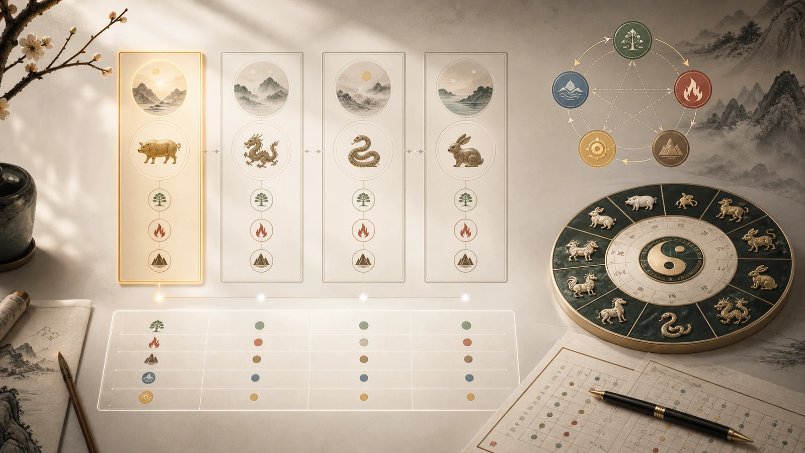 Chinese zodiac year as one layer inside a full Bazi chart