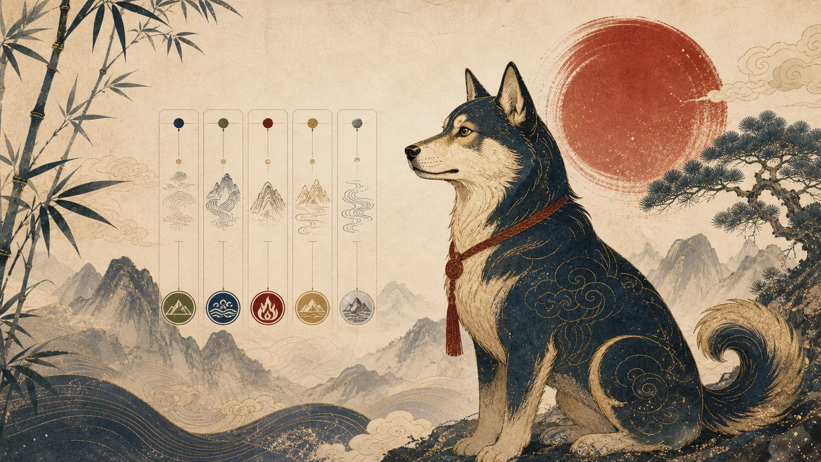 Dog Chinese zodiac personality guide with Bazi chart and five element symbols