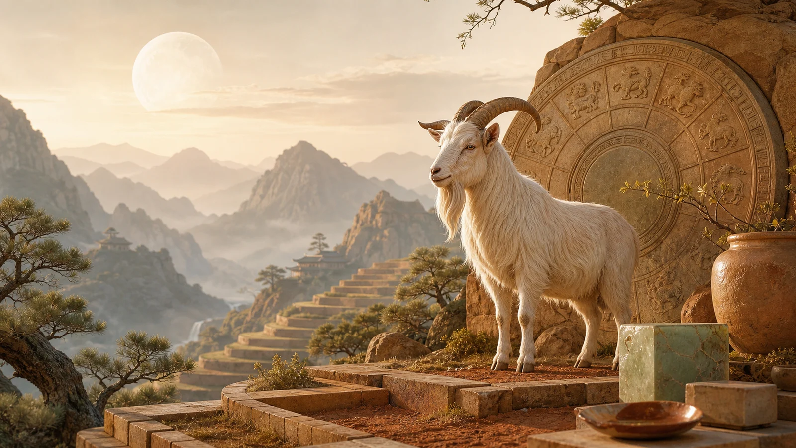 Earth Goat zodiac symbol beside mountain terraces and a Chinese zodiac wheel