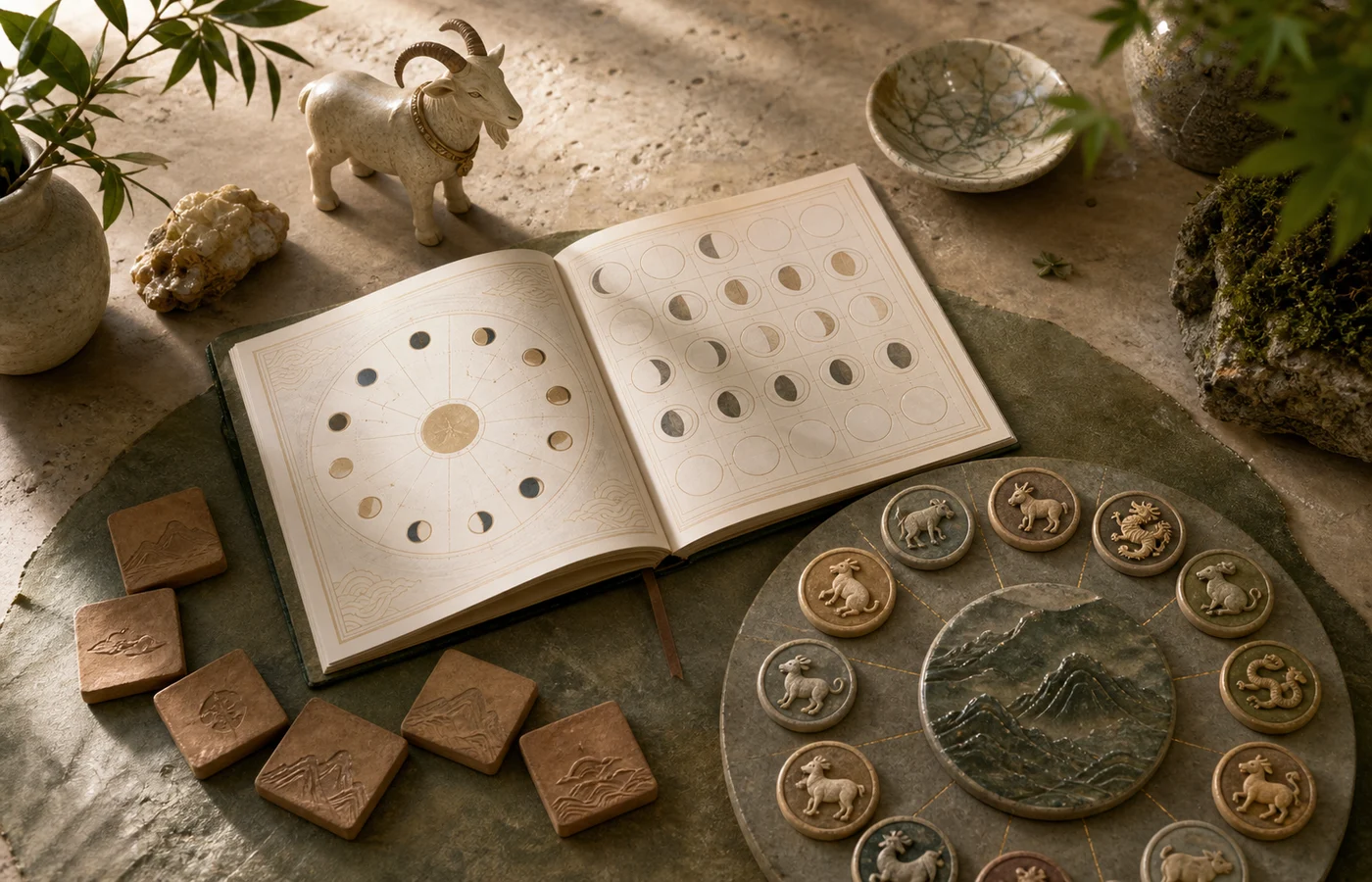 Earth Goat year cycle with Goat branch and Earth element markers