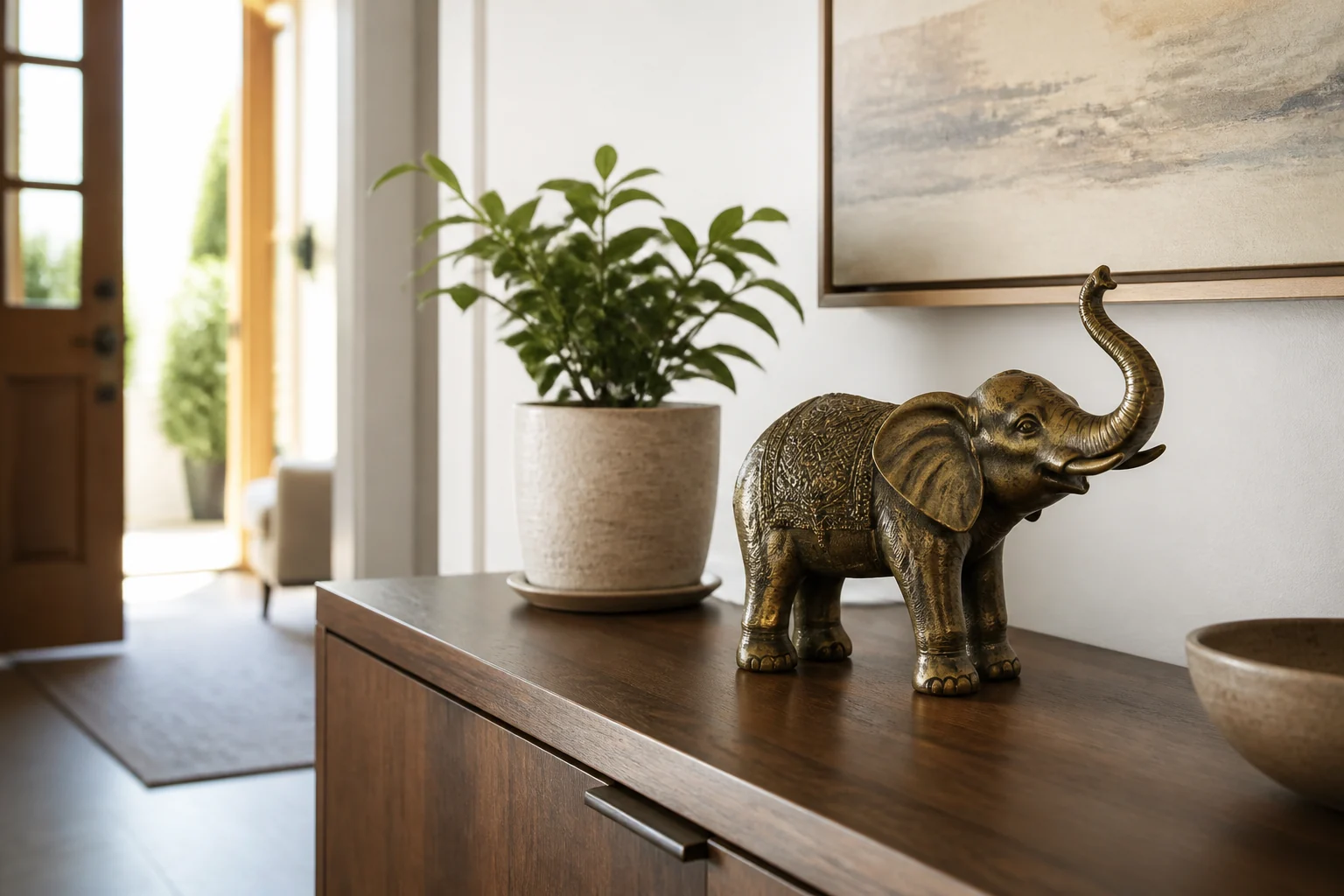 Trunk-up elephant figurine on a calm entryway console