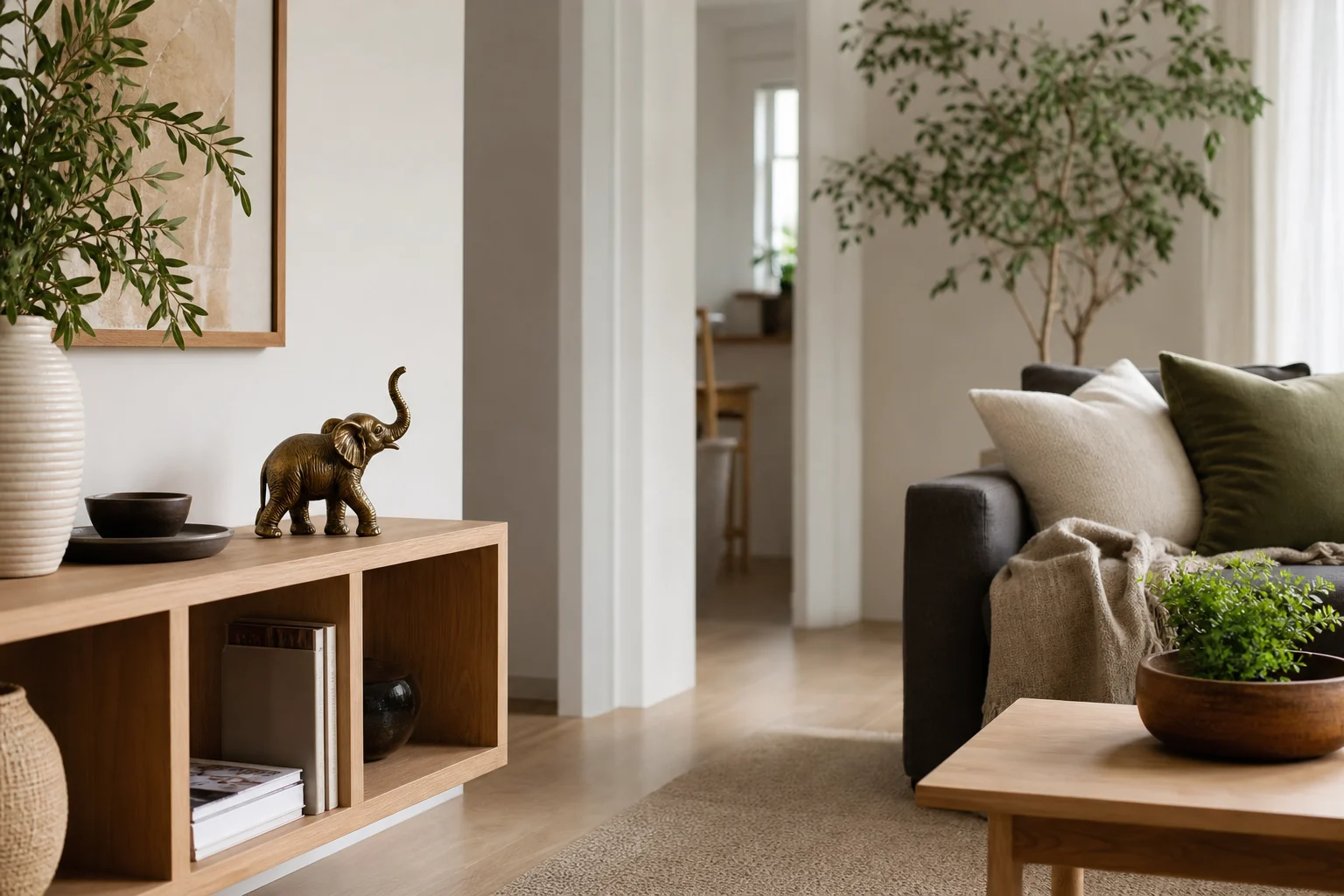 Small trunk-up elephant placed on a stable shelf beside an open walkway