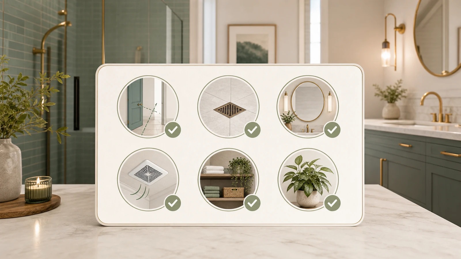 Bathroom Feng Shui checklist with mirror, drain, door, ventilation, storage, and plant cues
