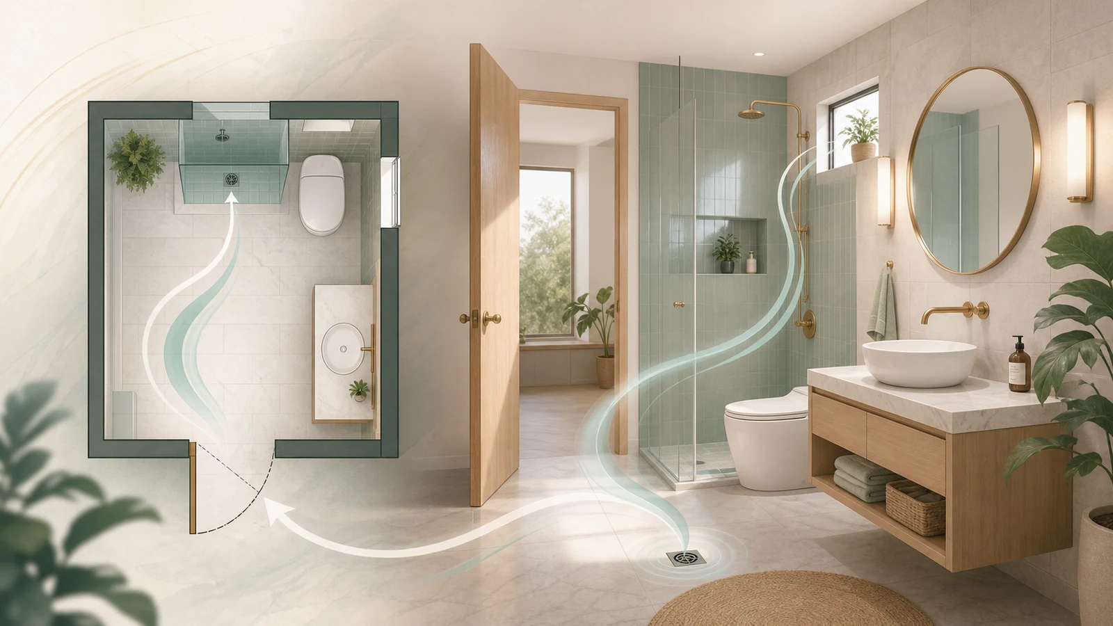 A calm bathroom floor plan with gentle qi flow and privacy cues