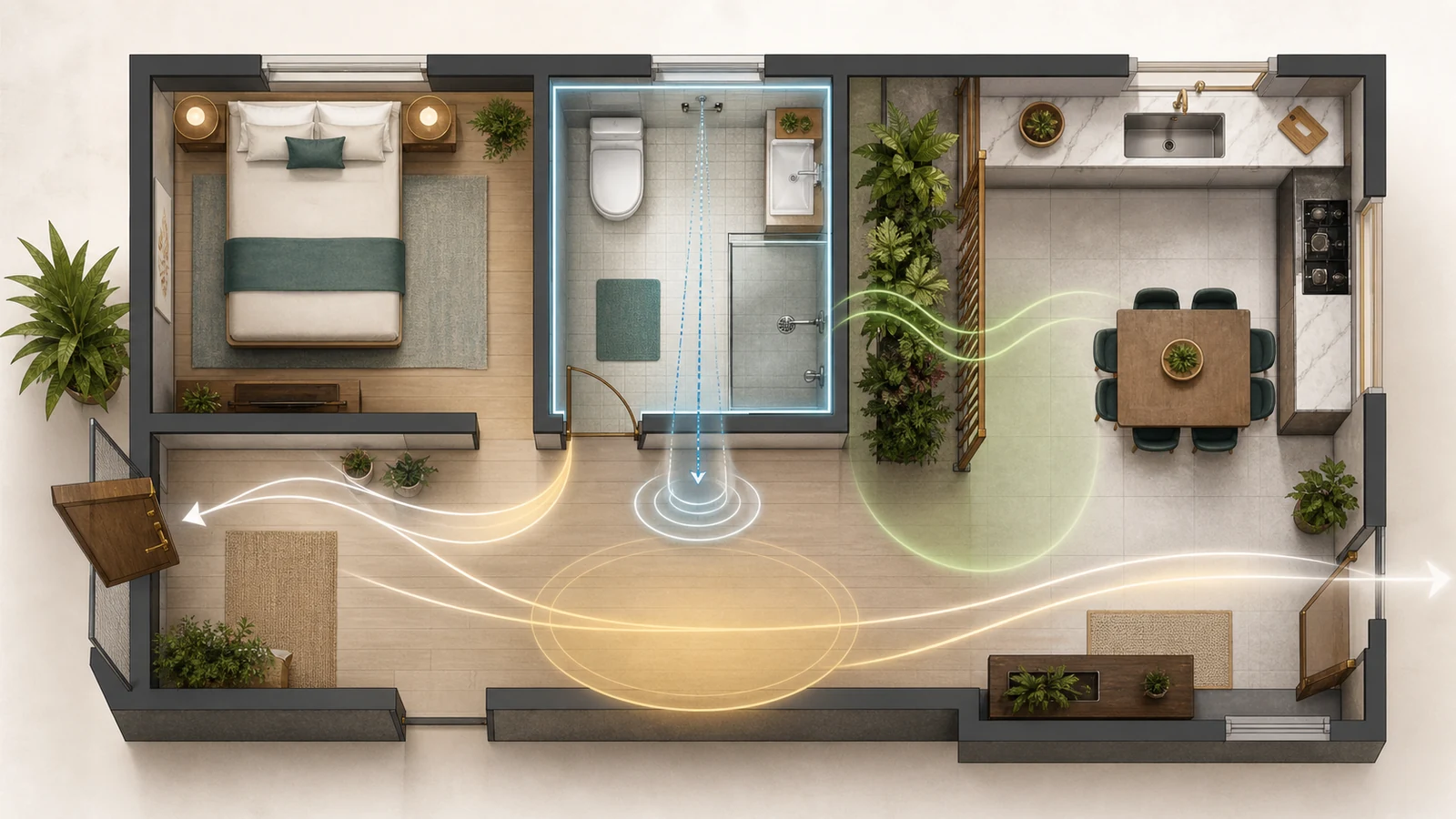 Home floor plan showing a bathroom location in relation to entry, bedroom, kitchen, and circulation