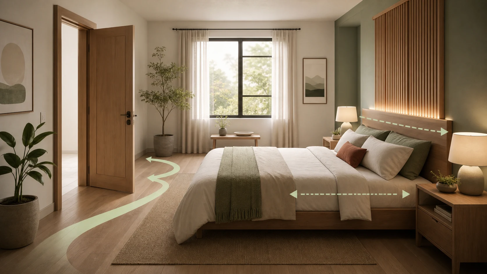 A serene bedroom layout with a supported bed and clear doorway view