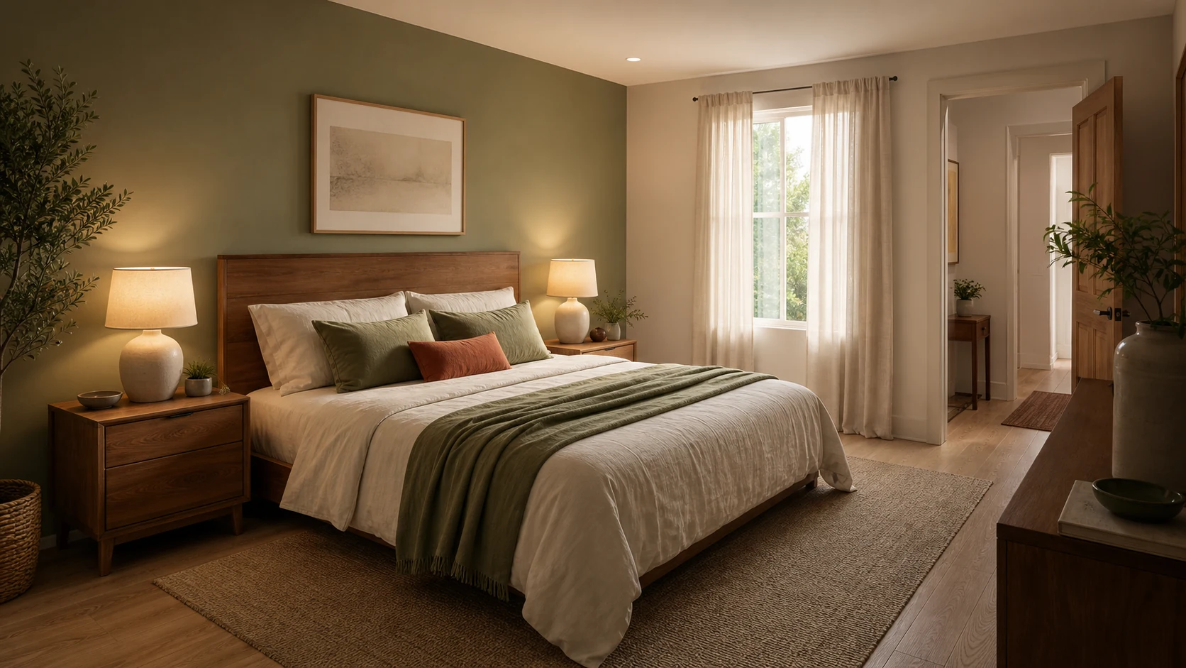 A calm bedroom with balanced bedside lighting, solid headboard, window softness, and clear entry path