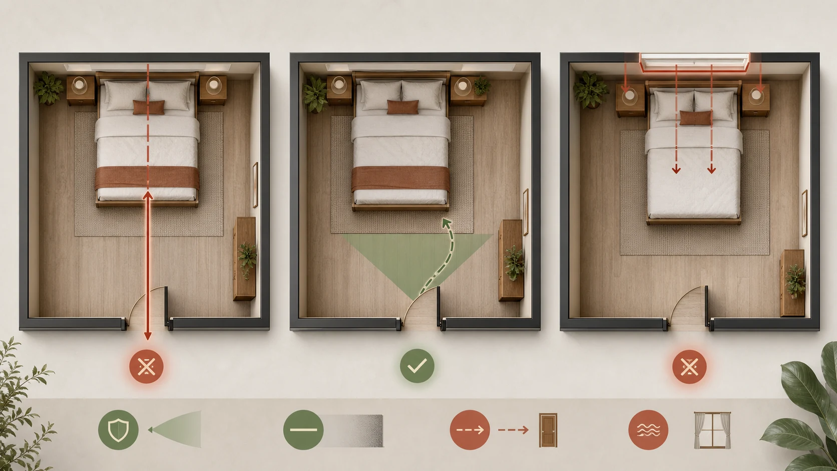 Three bedroom layout checks showing door line, offset command position, and window exposure