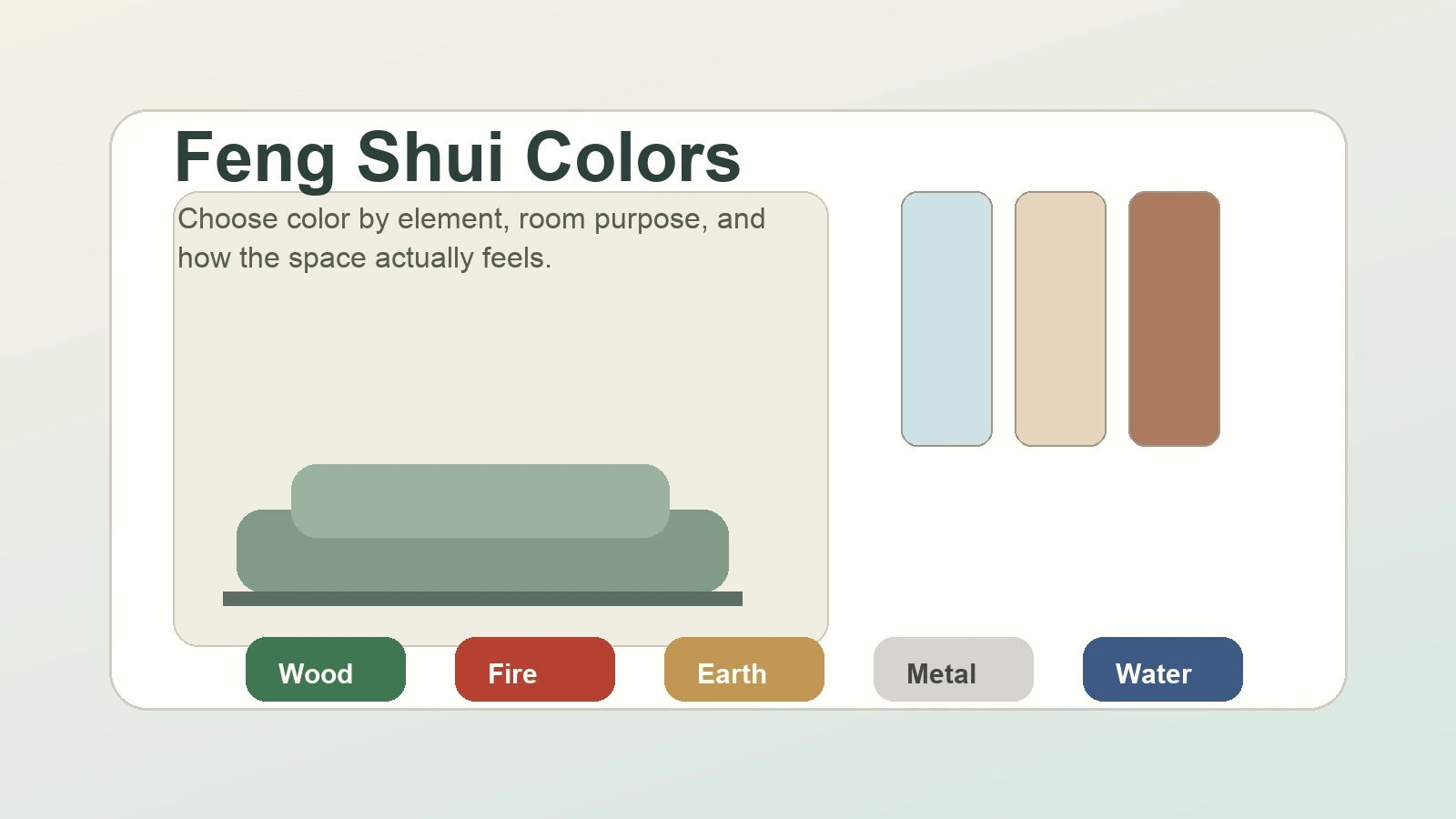 A calm living room with Feng Shui color swatches for Wood, Fire, Earth, Metal, and Water