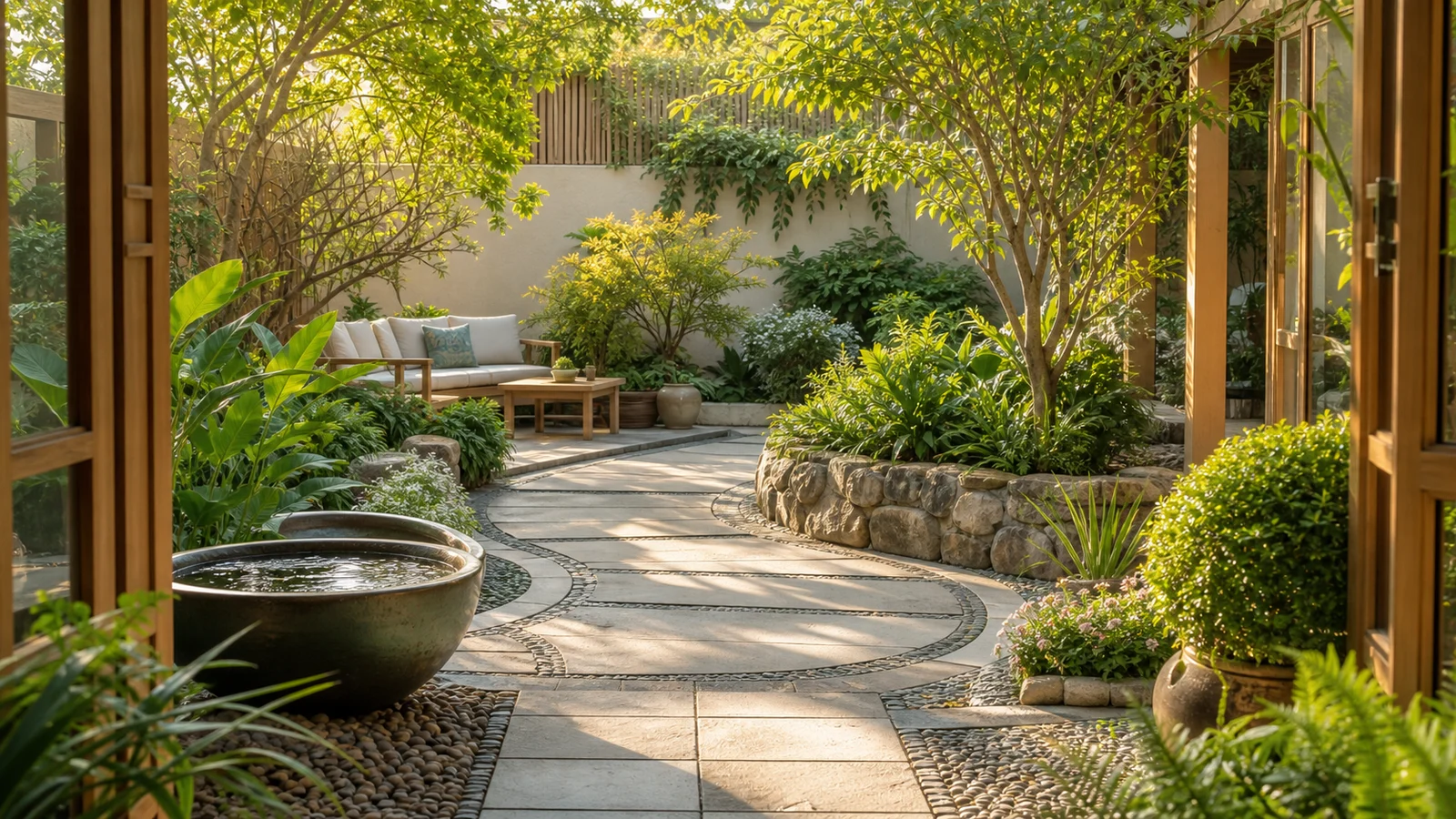 Balanced Feng Shui garden with curved paths, plants, stones, and a water feature