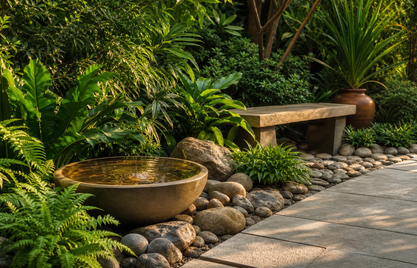 Feng Shui garden elements arranged with plants, water, stone, light, and open space
