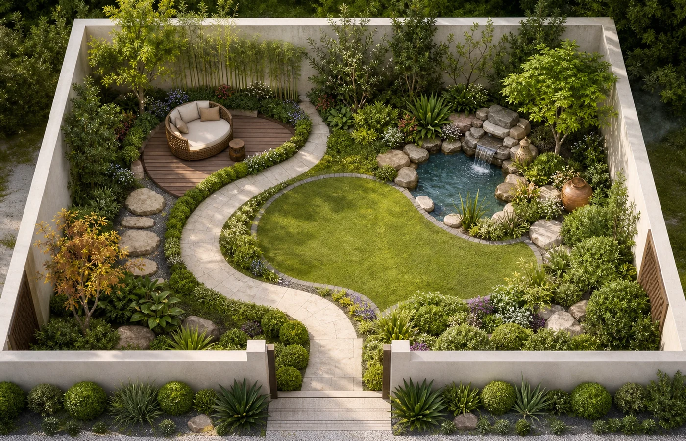 Feng Shui garden layout with curved path, seating, plants, stones, and water feature