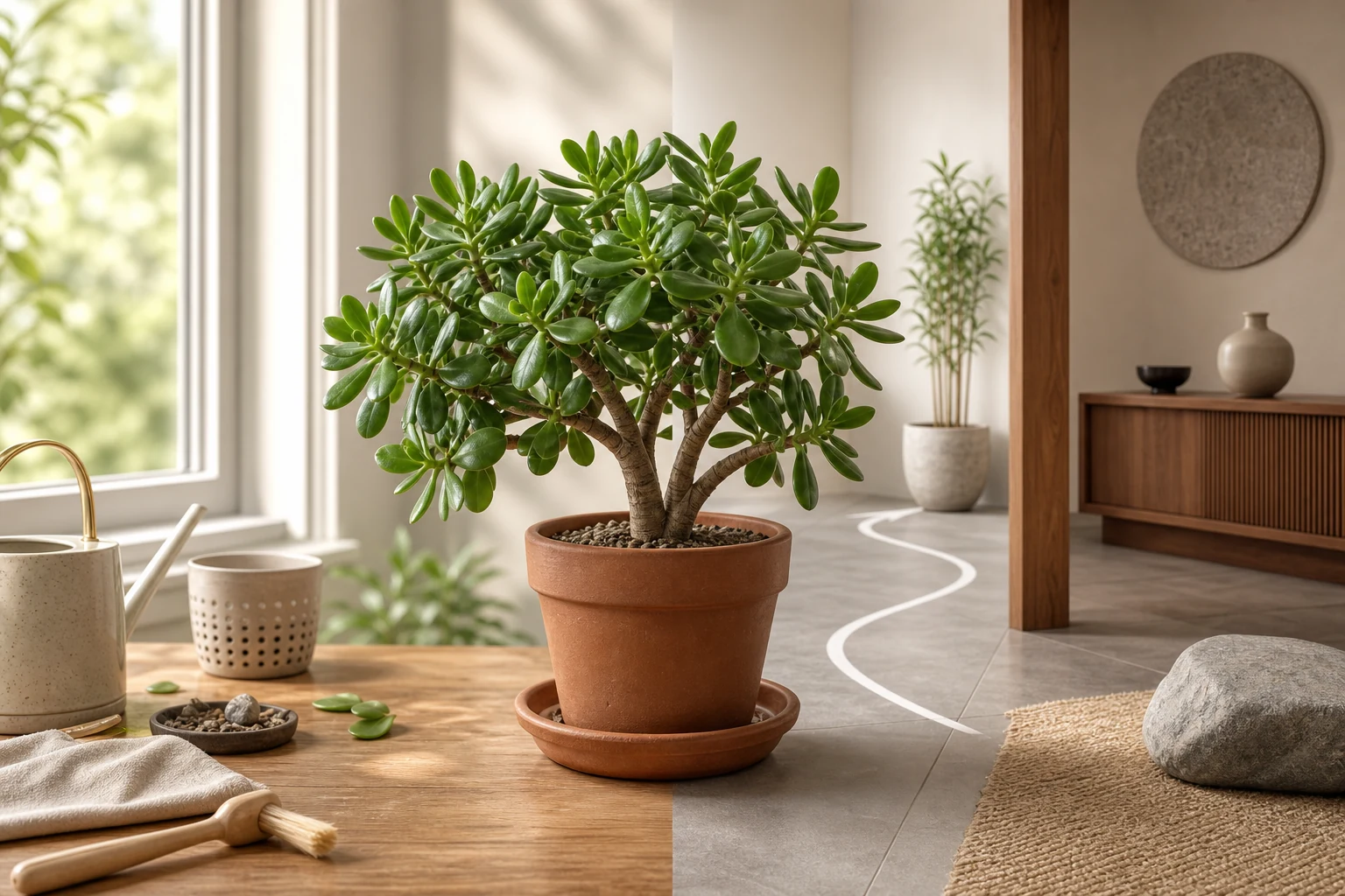 Jade plant care and room placement shown as one connected decision
