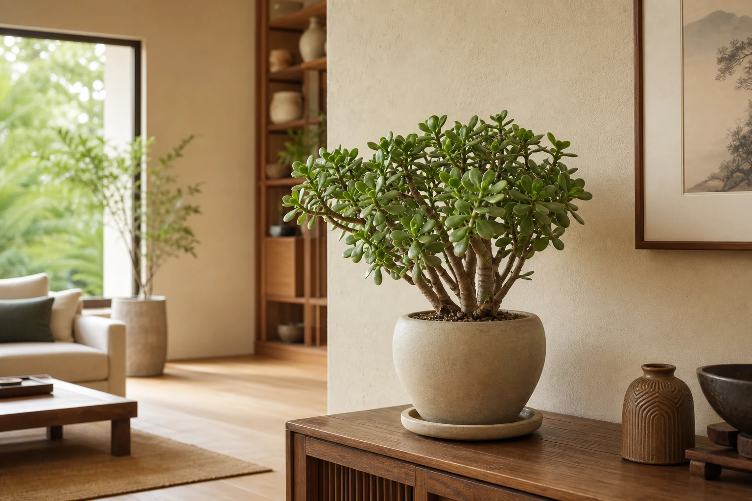 Healthy jade plant in a bright and uncluttered living room corner