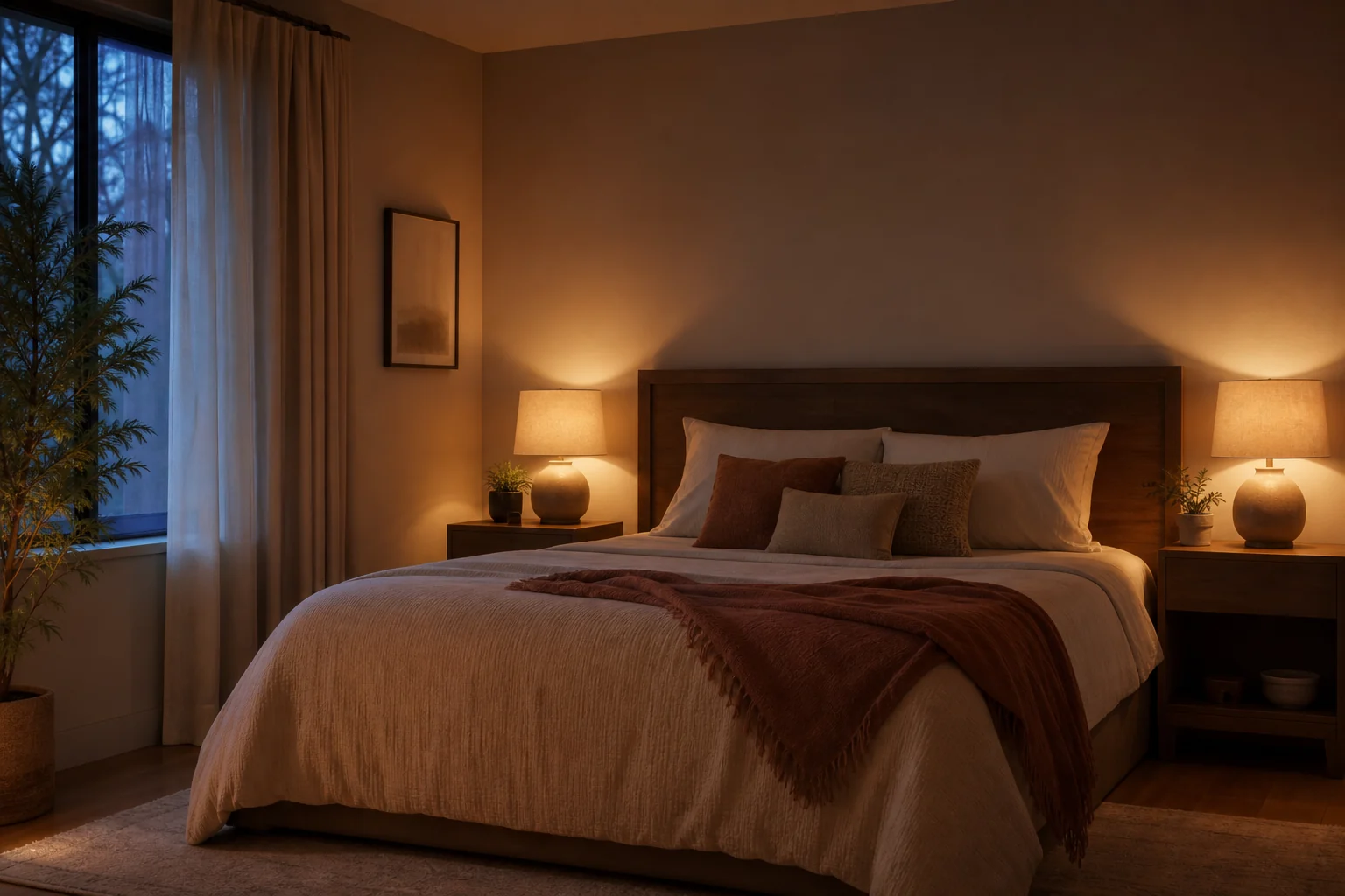 Warm bedside lamps and controlled twilight in a restful bedroom