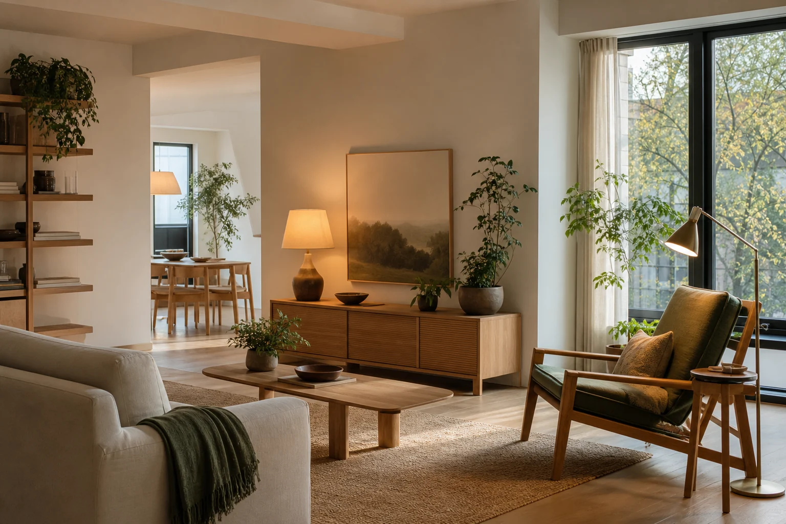 Layered daylight and warm lamps in a calm living room