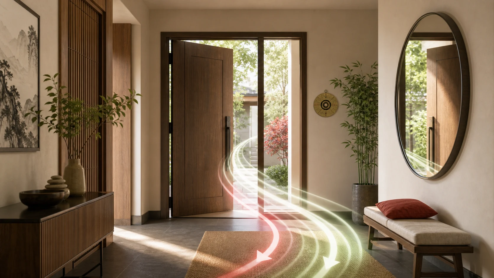 A calm entryway with a side mirror and soft light showing Feng Shui entrance flow