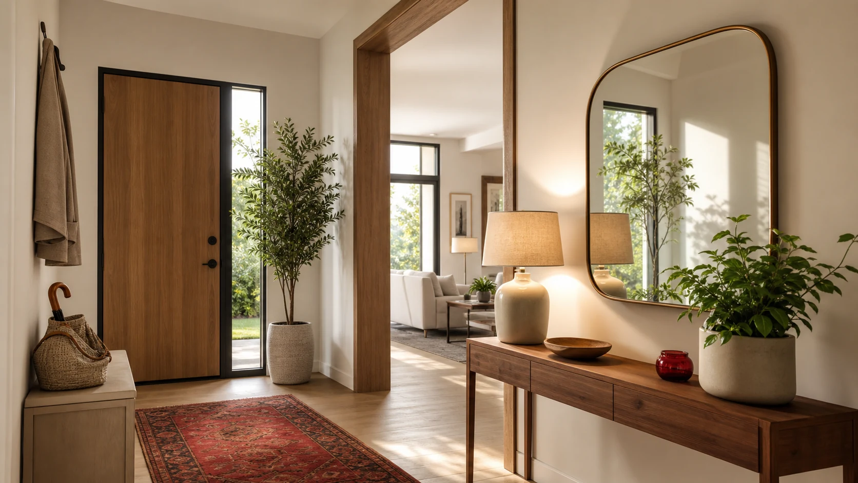 A tidy apartment foyer with side-wall mirror, plant, lamp, and clear movement path