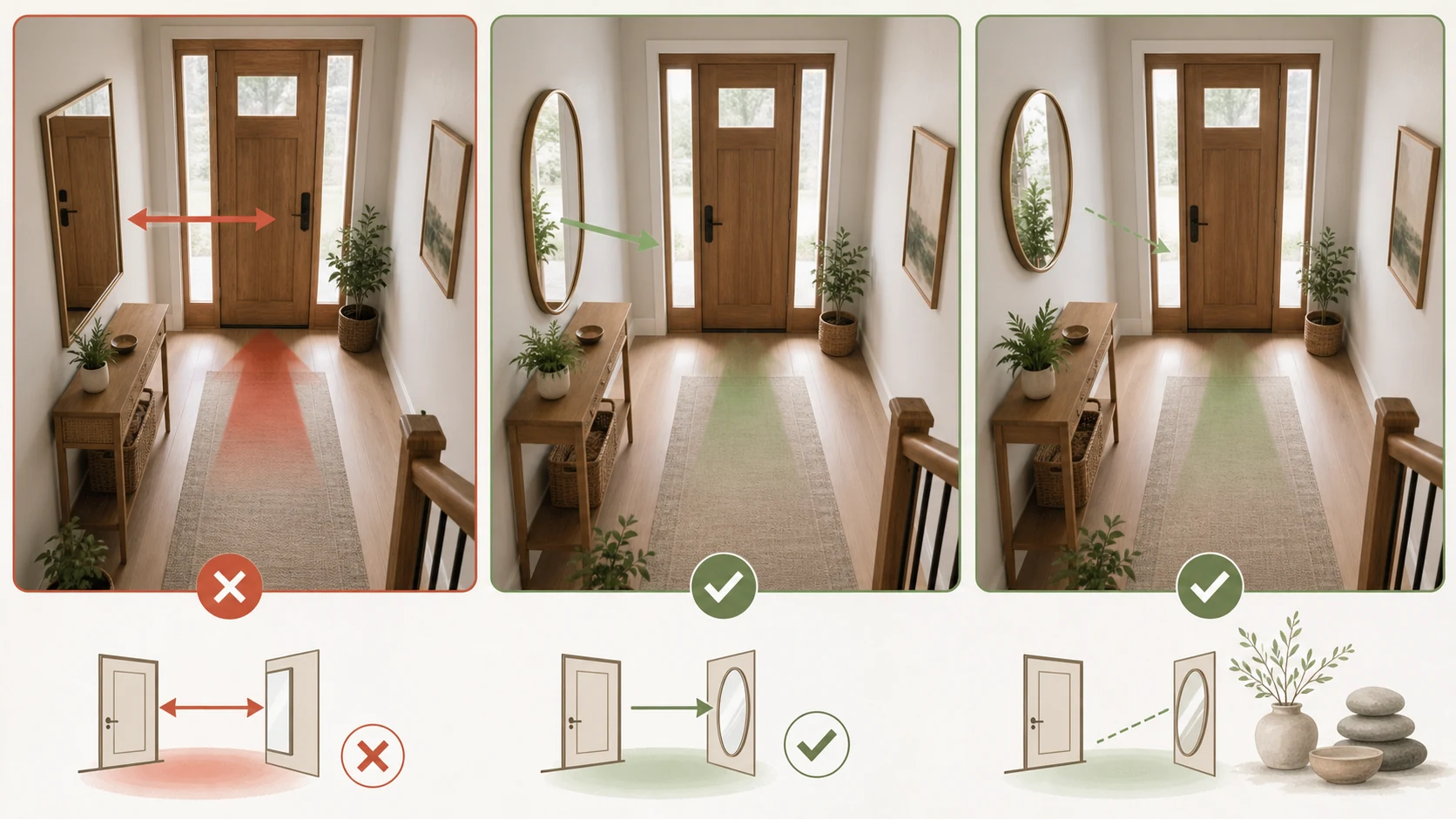 Three entryway mirror placement options showing direct, side-wall, and angled arrangements