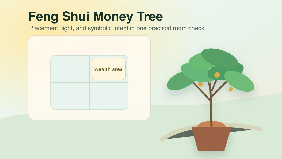 A money tree placed near a highlighted feng shui wealth area in a calm room