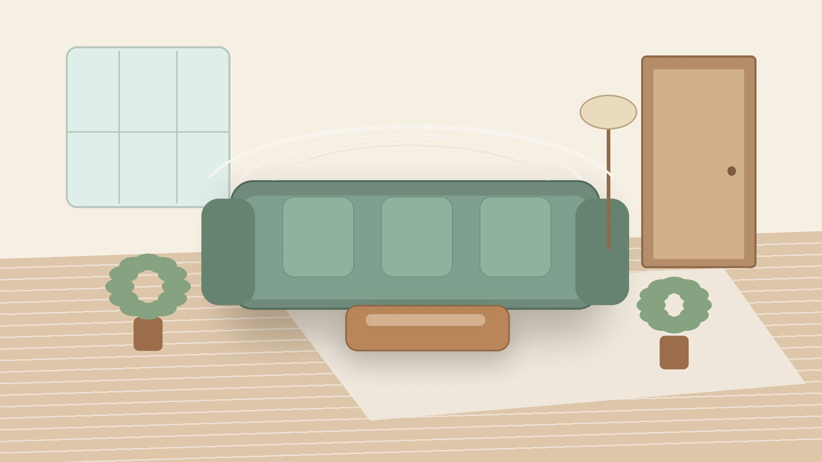 A sofa placed with wall support, open walking space, and a visible doorway in a calm living room