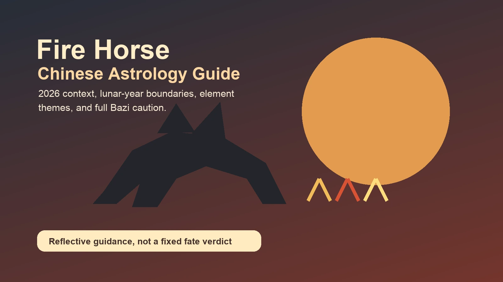 A Fire Horse silhouette beside a warm sun and Five Elements flame accents