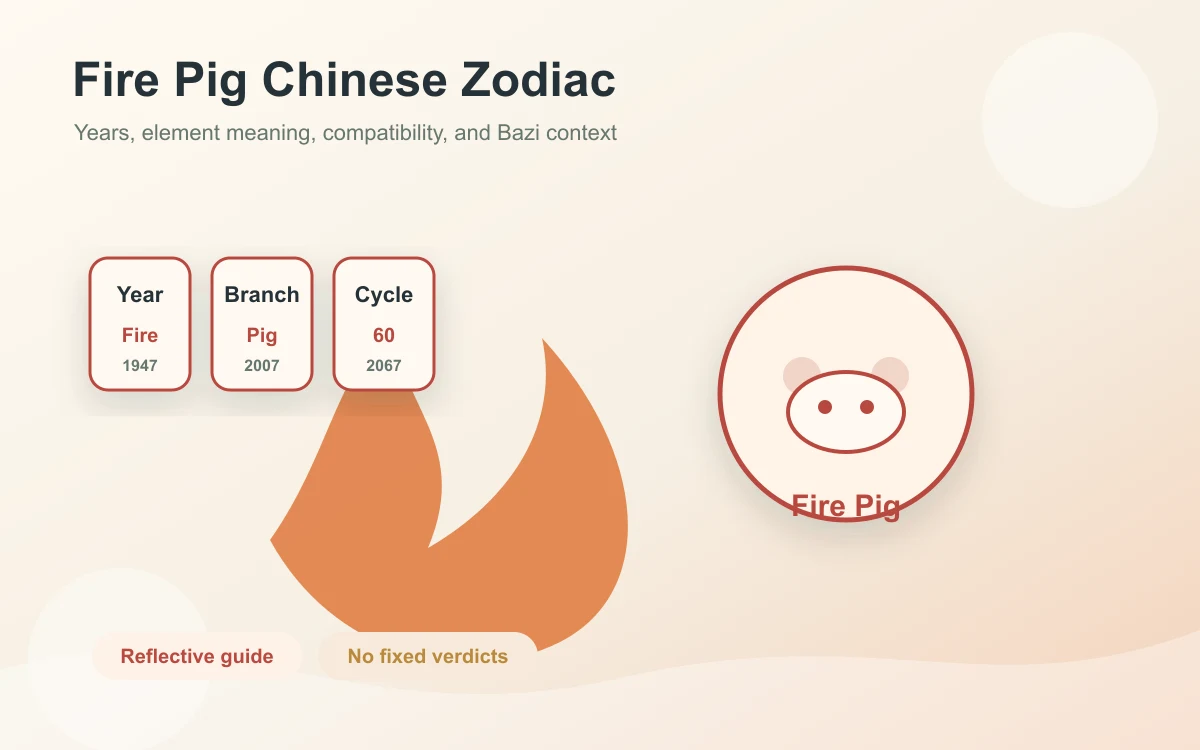 Fire Pig Chinese zodiac guide with Fire element symbols, Pig year markers, and Bazi chart context