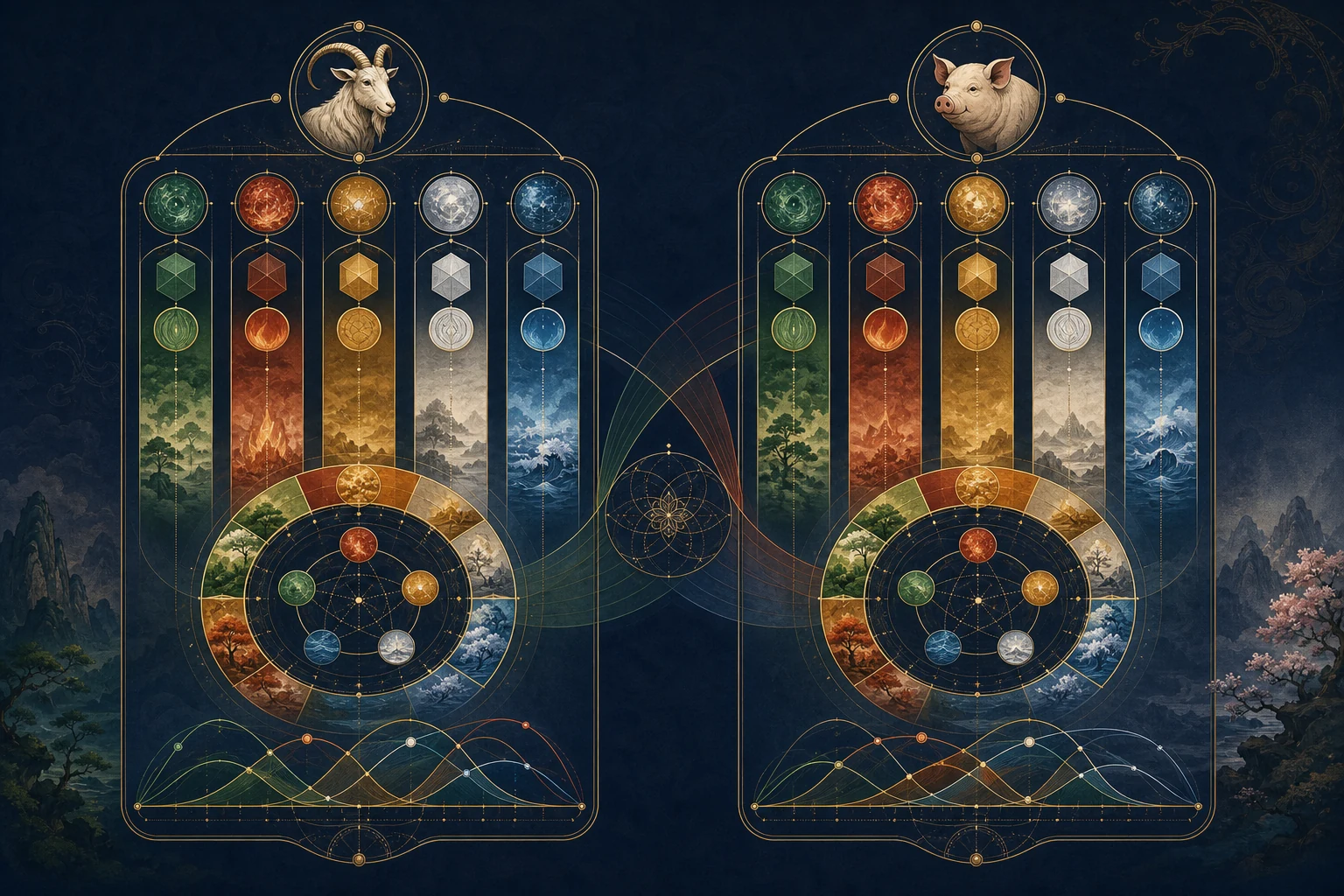 Two layered Bazi chart panels showing Goat and Pig as one compatibility layer