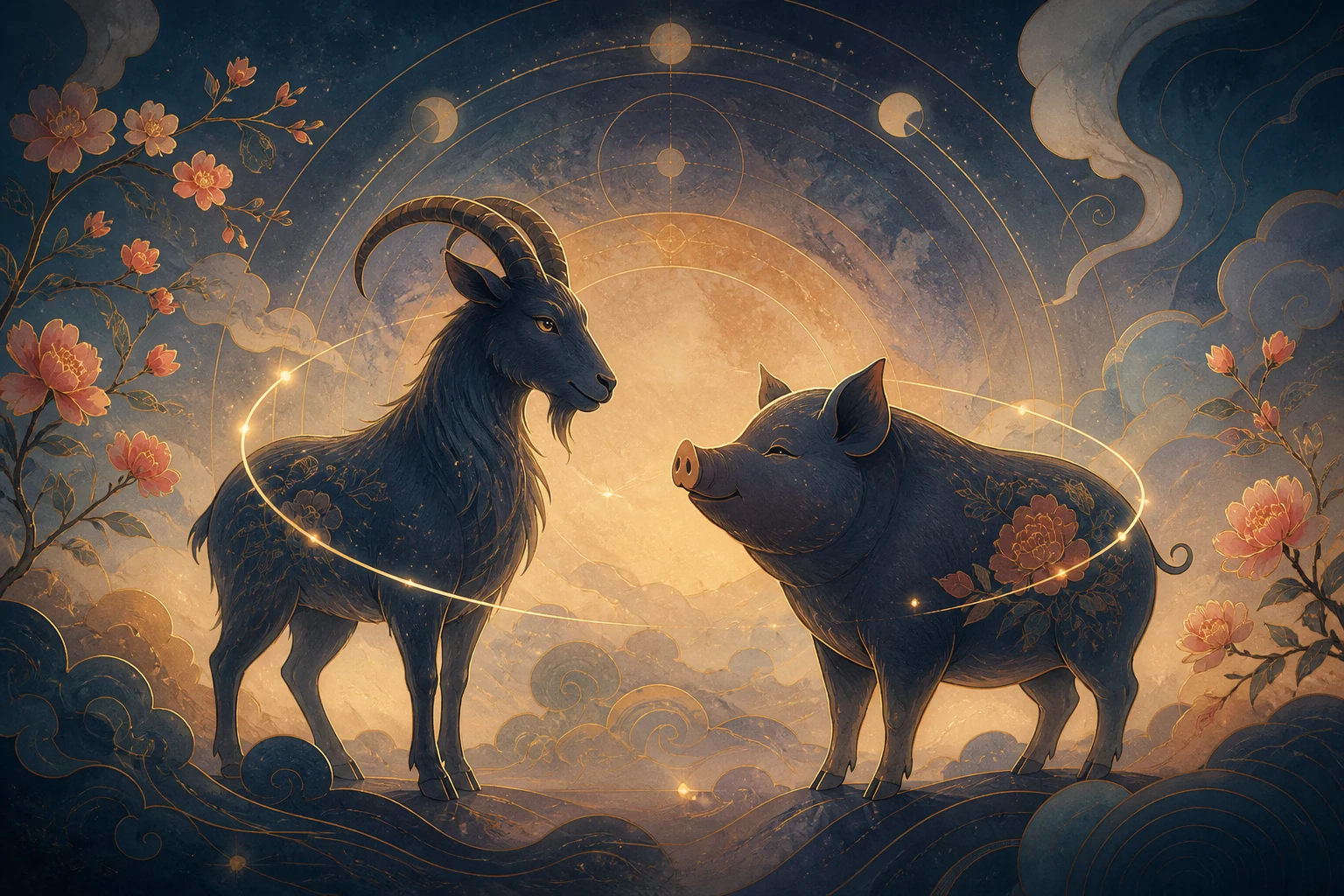 Goat and Pig zodiac figures in a balanced compatibility scene