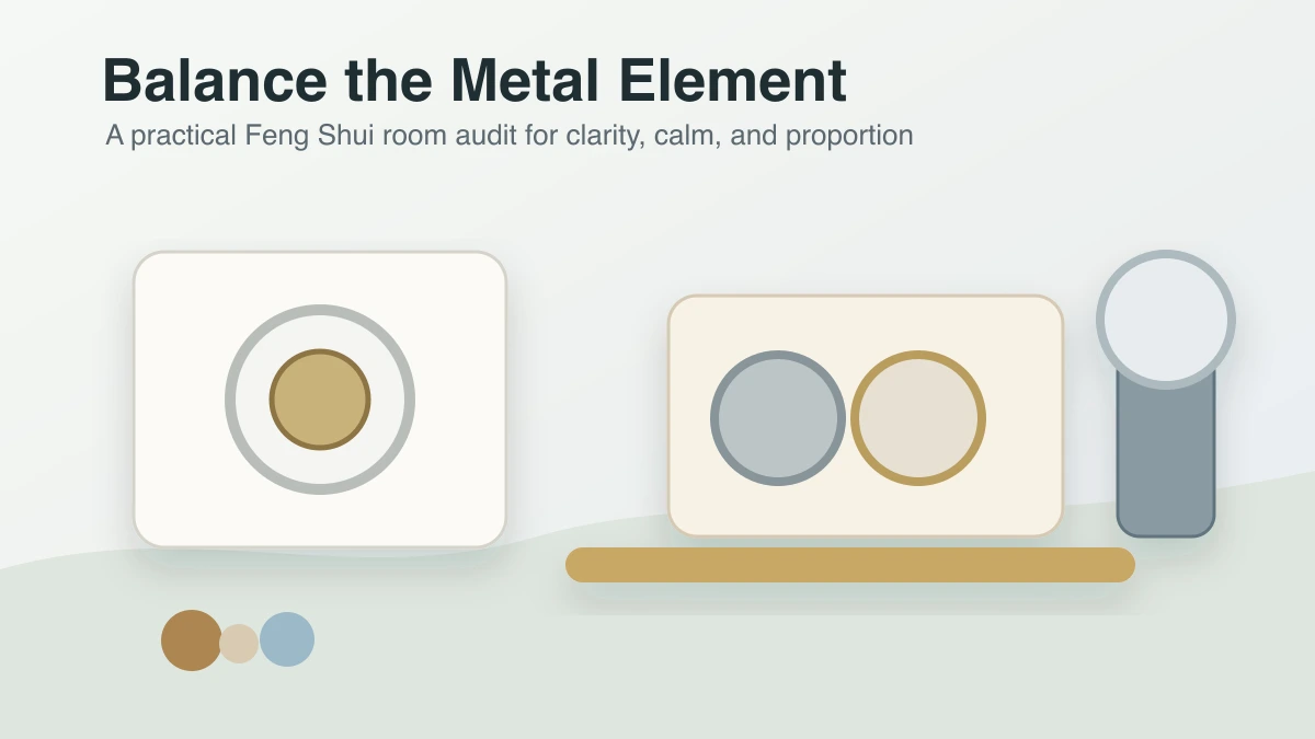 A calm room with round metal objects, earth tones, and balanced feng shui decor