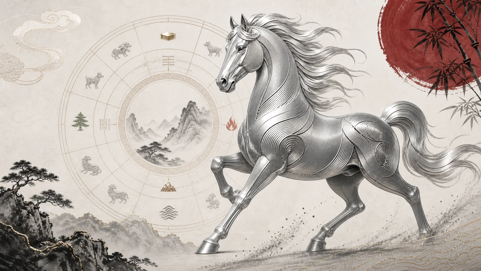 A silver horse beside Chinese zodiac and five element symbols