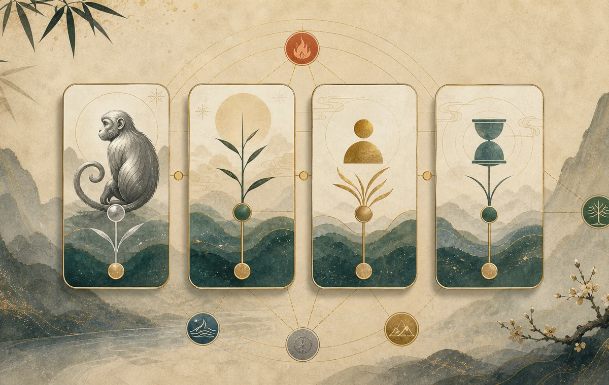 Four Bazi pillar cards showing Metal Monkey as one year-pillar layer