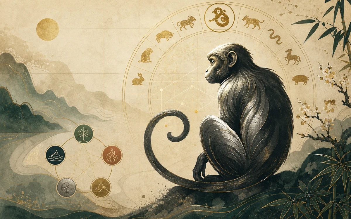 A silver-toned monkey beside zodiac cycle and five element symbols