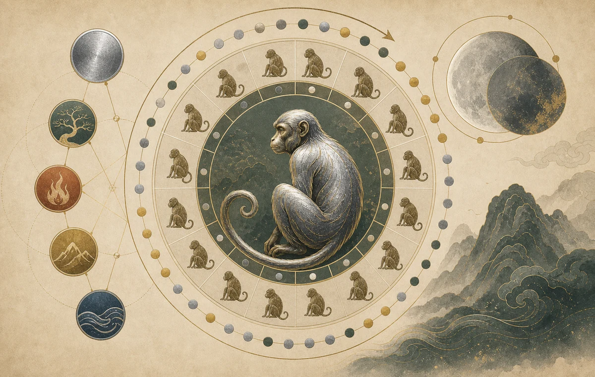 Metal Monkey zodiac cycle visual with moon phases and five element symbols