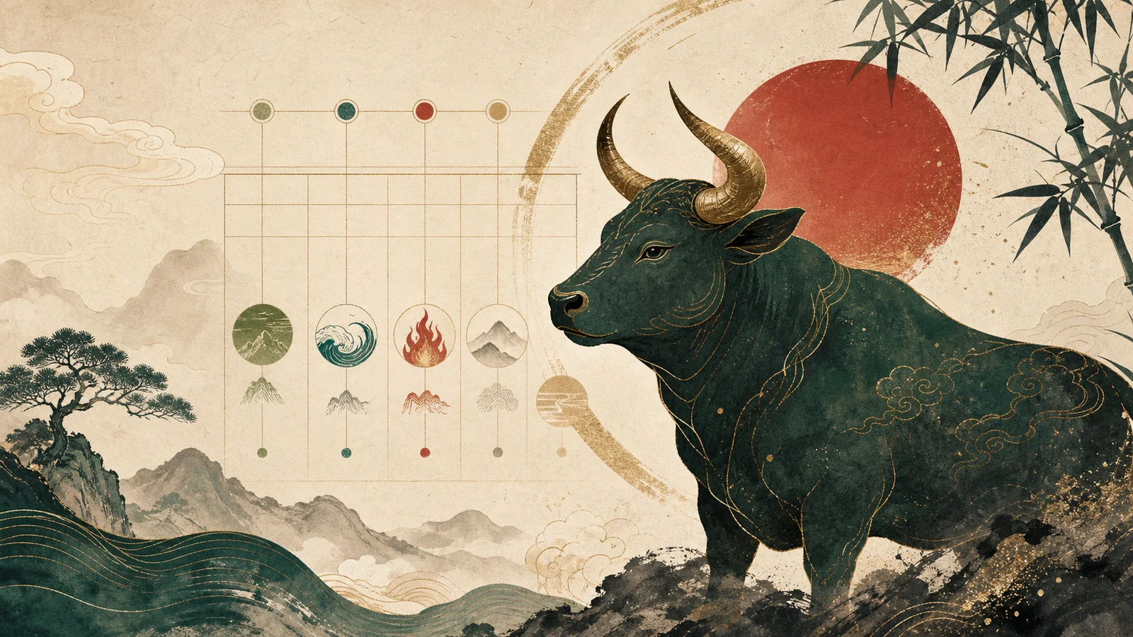 Ox Chinese zodiac personality guide with Bazi chart and five element symbols