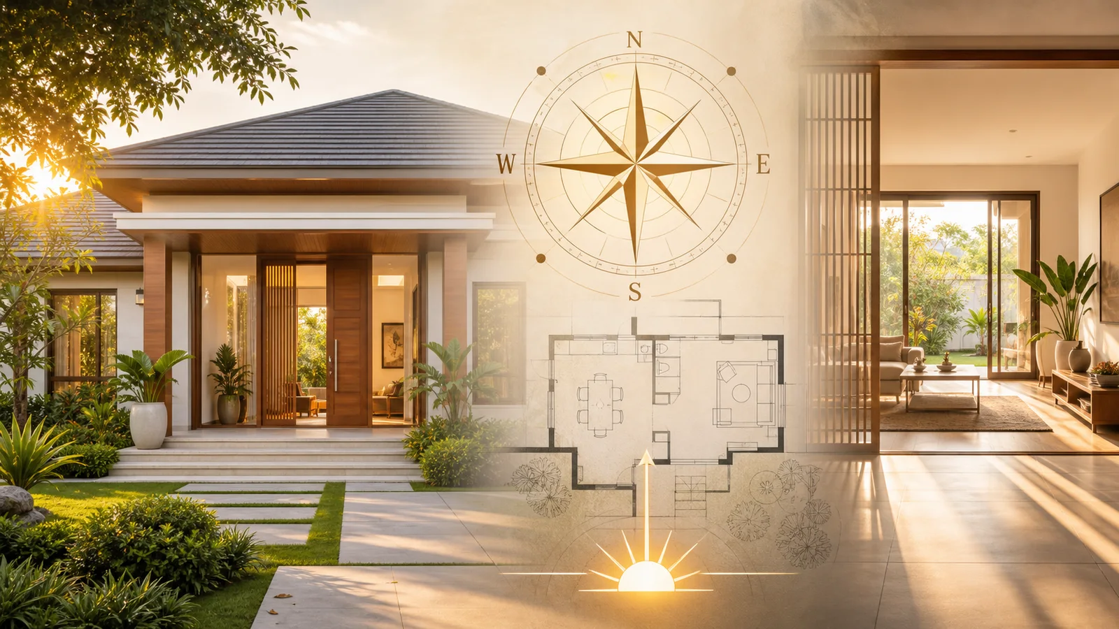 A bright south facing house with a compass and floor plan overlay
