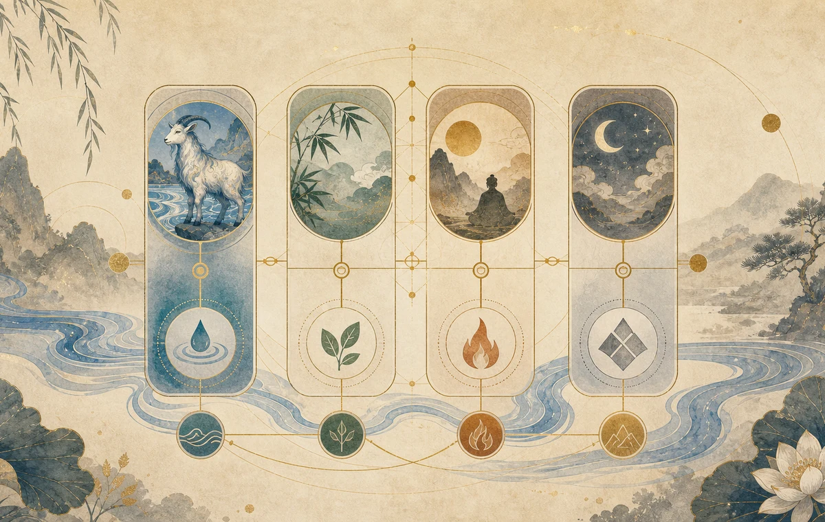 Four Bazi pillar cards showing Water Goat as one year-pillar layer