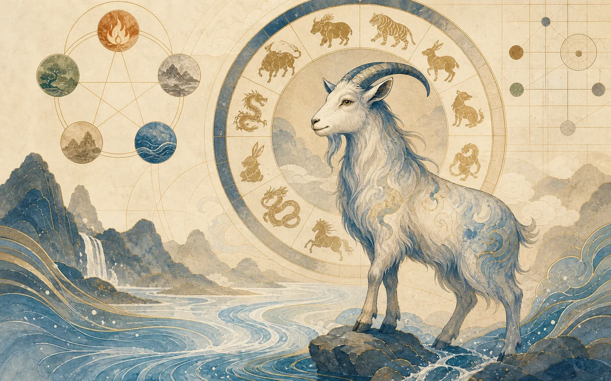 A white goat beside flowing water and Chinese zodiac cycle symbols