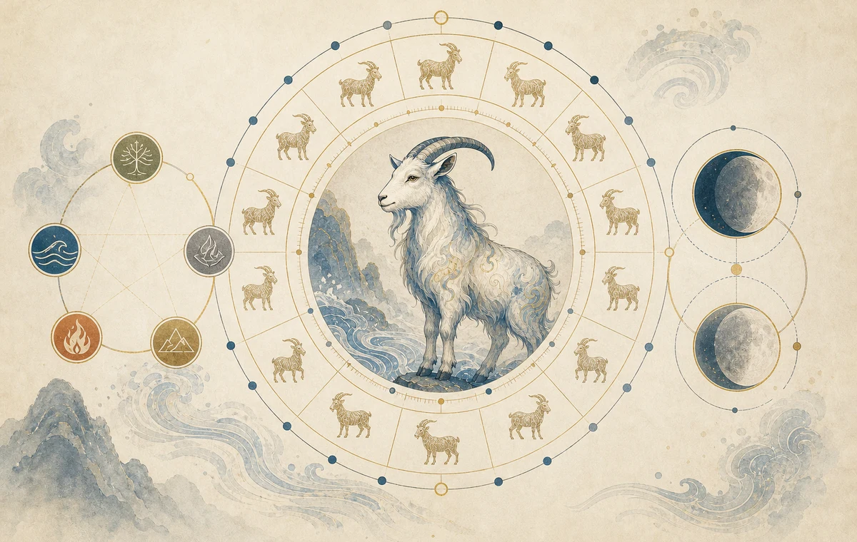 Water Goat zodiac cycle visual with water motifs and moon phases