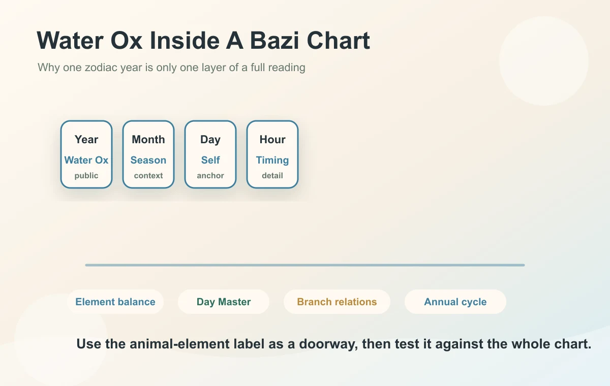 Water Ox year sign shown as one layer inside a Bazi chart